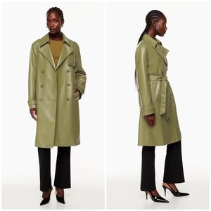 Aritzia Babaton Tabloid Faux Leather Trench Coat in Fen Green Size XXS